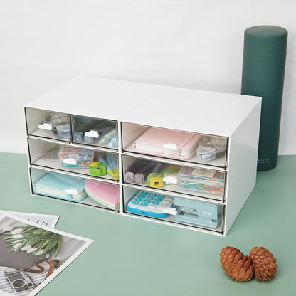 Desk Organizer with 4 Drawers, Clear Plastic Desk Storage Box, Desktop Organization for Office Supplies, Gel Pens, Pencils, Markers, Tape, Erasers, Paperclips, Chargers (White-4 Draws)