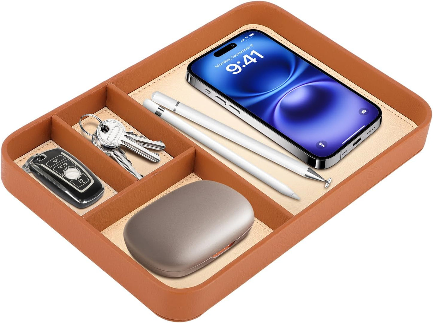 Valet Tray for Men, PU Leather Desk & Nightstand Organizer - Two-Toned Catch All Tray for Keys, Wallet, Watch, Jewelry and EDC Gear (black)
