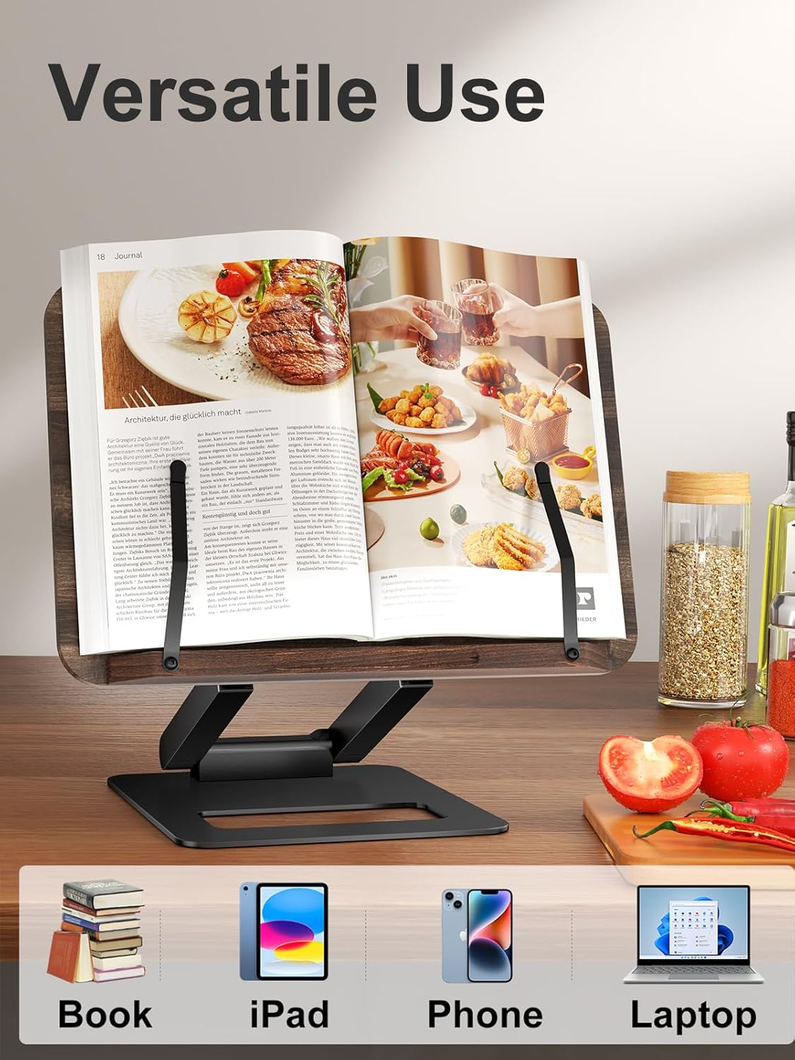 Tounee Book Stand, Telescopic Book Holder Stand, Adjustable Height Pull Out Design Ergonomic Cookbook Stand with Elastic Page Clips Fits All Books (Gray)