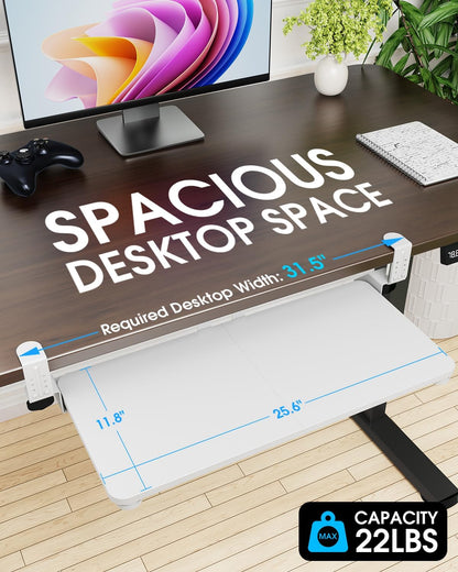 Large Keyboard Tray Under Desk, Pull Out Keyboard & Mouse Tray with Adjustable C-clamp, 25.6(31.5 Including Clamps) x 11.8 Inch Slide Out Computer Keyboard Drawer Mouse Tray for Typing, Brown