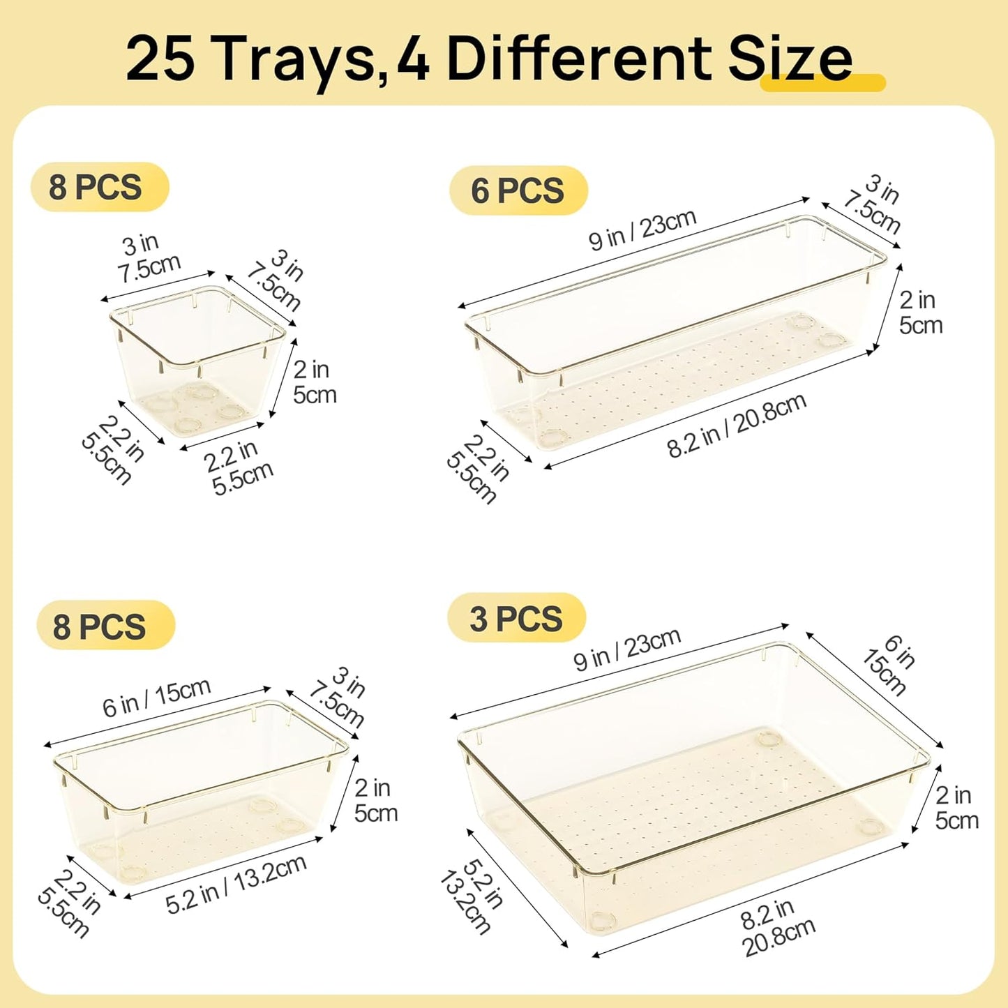 Vtopmart 25 PCS Clear Plastic Drawer Organizers Set, 4-Size Versatile Bathroom and Vanity Drawer Organizer Trays, Storage Bins for Makeup, Bedroom, Kitchen Gadgets Utensils and Office