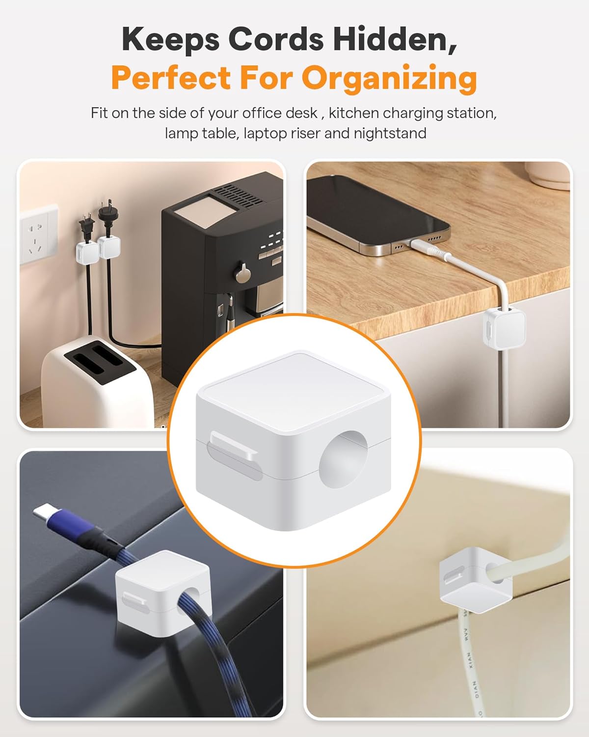 6 Pack Magnetic Cable Clips+2 Sheets (20 Lables) Cute Self-Adhesive Sticker Lables, 11.5mm Ultra Slim Smooth Adjustable Cord Organizer, Under Desk Cable Management for Home/Office/Kitchen/Nightstand