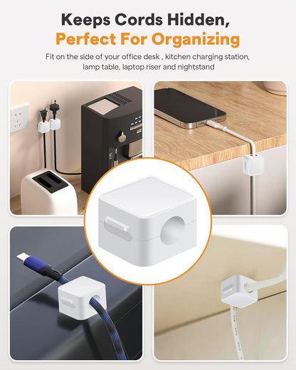 6 Pack Magnetic Cable Clips+2 Sheets (20 Lables) Cute Self-Adhesive Sticker Lables, 11.5mm Ultra Slim Smooth Adjustable Cord Organizer, Under Desk Cable Management for Home/Office/Kitchen/Nightstand
