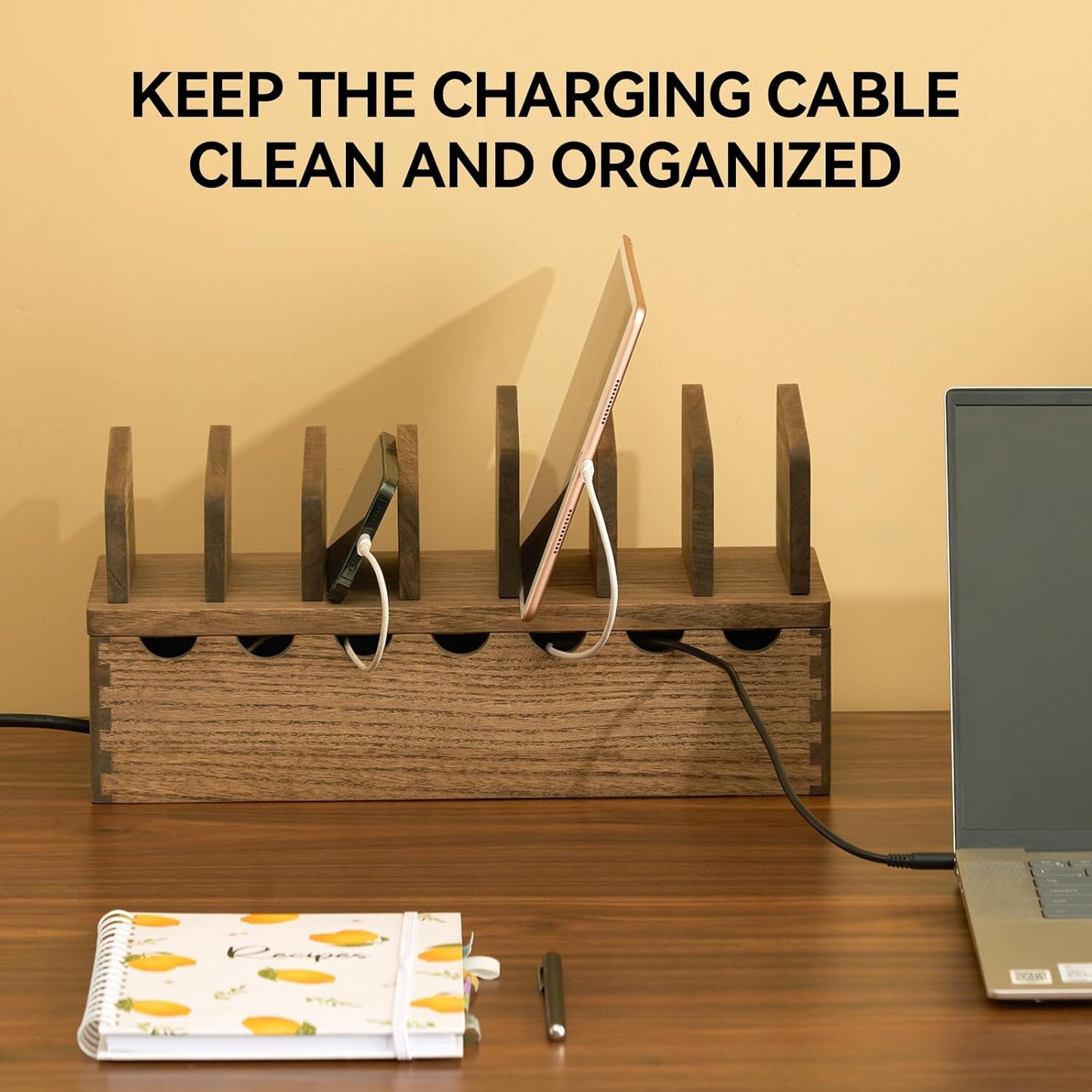 KIRIGEN Charging Station Organizer for Multiple Devices Desktop Organizer Wooden Cable Management with 7 Ports for Cell Phones, Tablets, Earphones GDXH-DBR