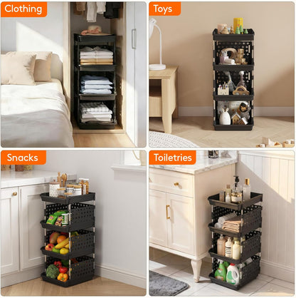 Lifewit Plastic Stackable Storage Baskets, 4 Tier Stacking Bins for Food and Clothes, Multifunctional Organizer for RV, Kitchen, Playroom, Pantry and Bathroom, 13.8"D x 11.8"W x 28.3"H, 1 Pack, White