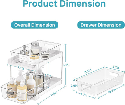 Vtopmart 4 Pack Bathroom Organizer, 2 Tier Clear Under Sink Organizers Vanity Countertop Storage Container,Cabinet Drawers Bins, Pull-Out Organization with Track for Pantry, Kitchen