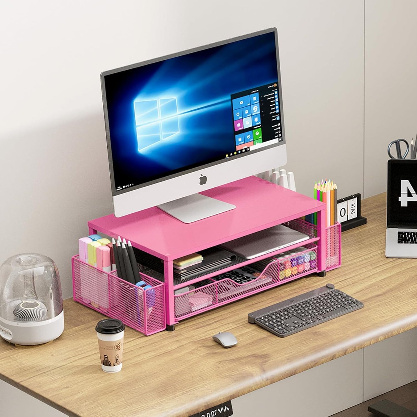OPNICE Desk Organizers and Accessories, Computer Monitor Stand Riser with Drawer and 2 Pen Holders, Printer & Laptop Stand, Office Desk Accessories & Workspace Organizers for Home Office Supplies, Black
