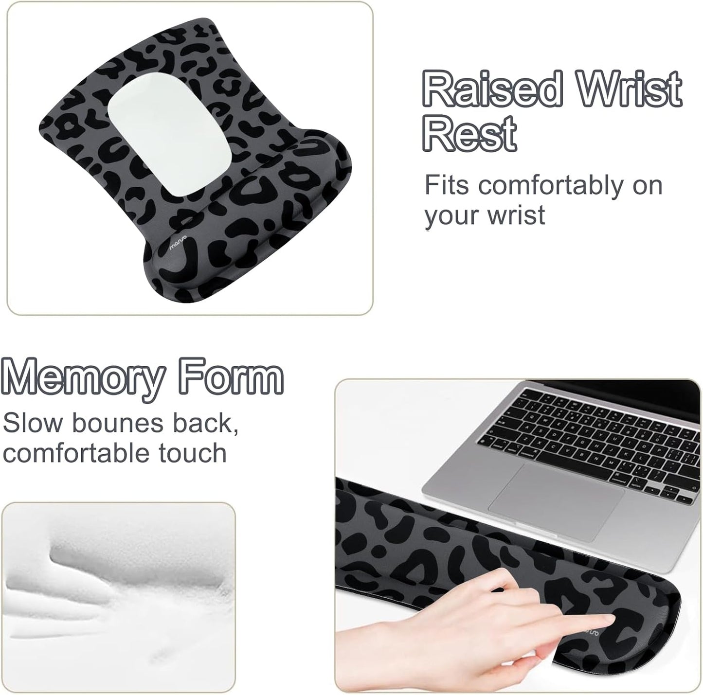 MOSISO Wrist Rest Support for Mouse Pad&Keyboard Set, Ergonomic Large Leopard Grain Desk Mat&Coaster Set, Non-Slip Mousepad&Pain Relief&Easy Typing Cushion with Memory Foam for Home Office, Black