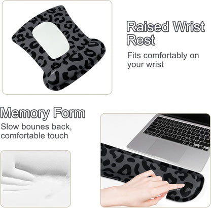 MOSISO Wrist Rest Support for Mouse Pad&Keyboard Set, Ergonomic Large Leopard Grain Desk Mat&Coaster Set, Non-Slip Mousepad&Pain Relief&Easy Typing Cushion with Memory Foam for Home Office, Black