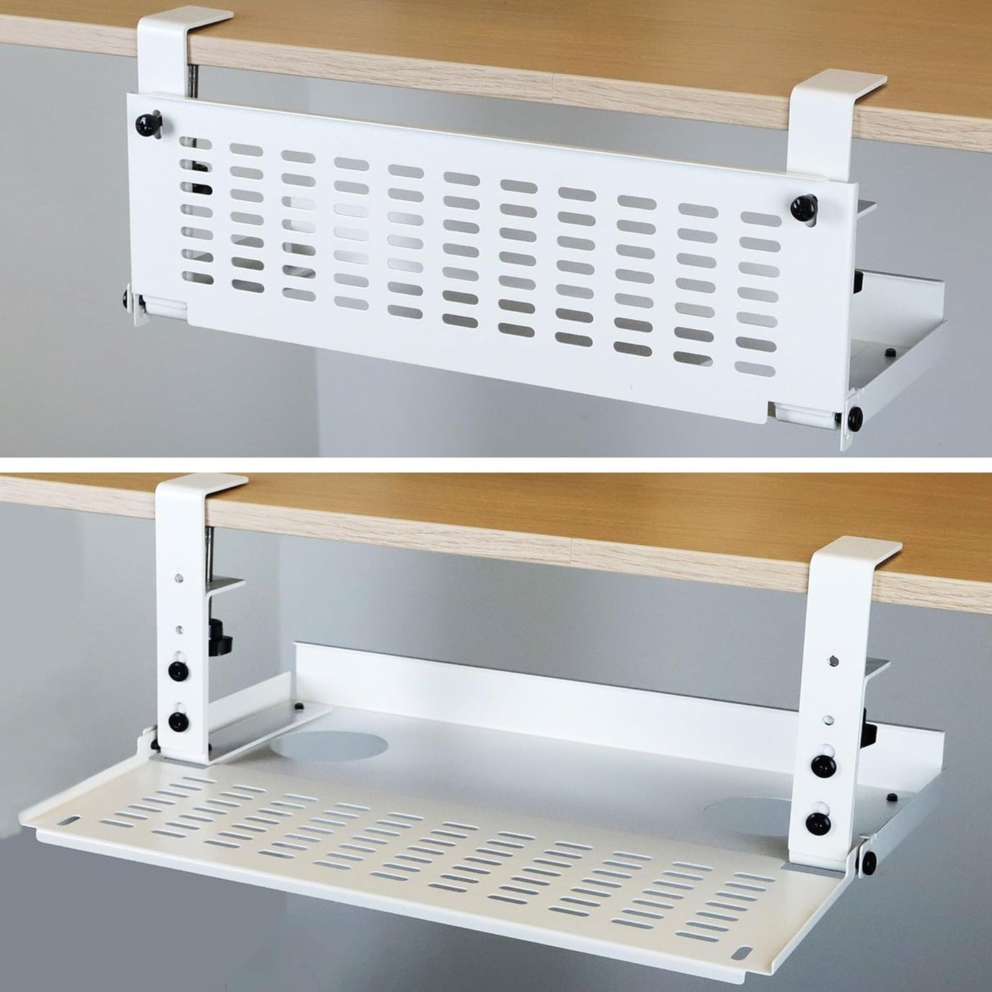 AEONS Under Desk Cable Management Tray Kit - Horizontal Adjustable up to 41” Removable C Clamp Mount Reversible Computer Cord Raceway and Modesty Panel for Large Table, Black