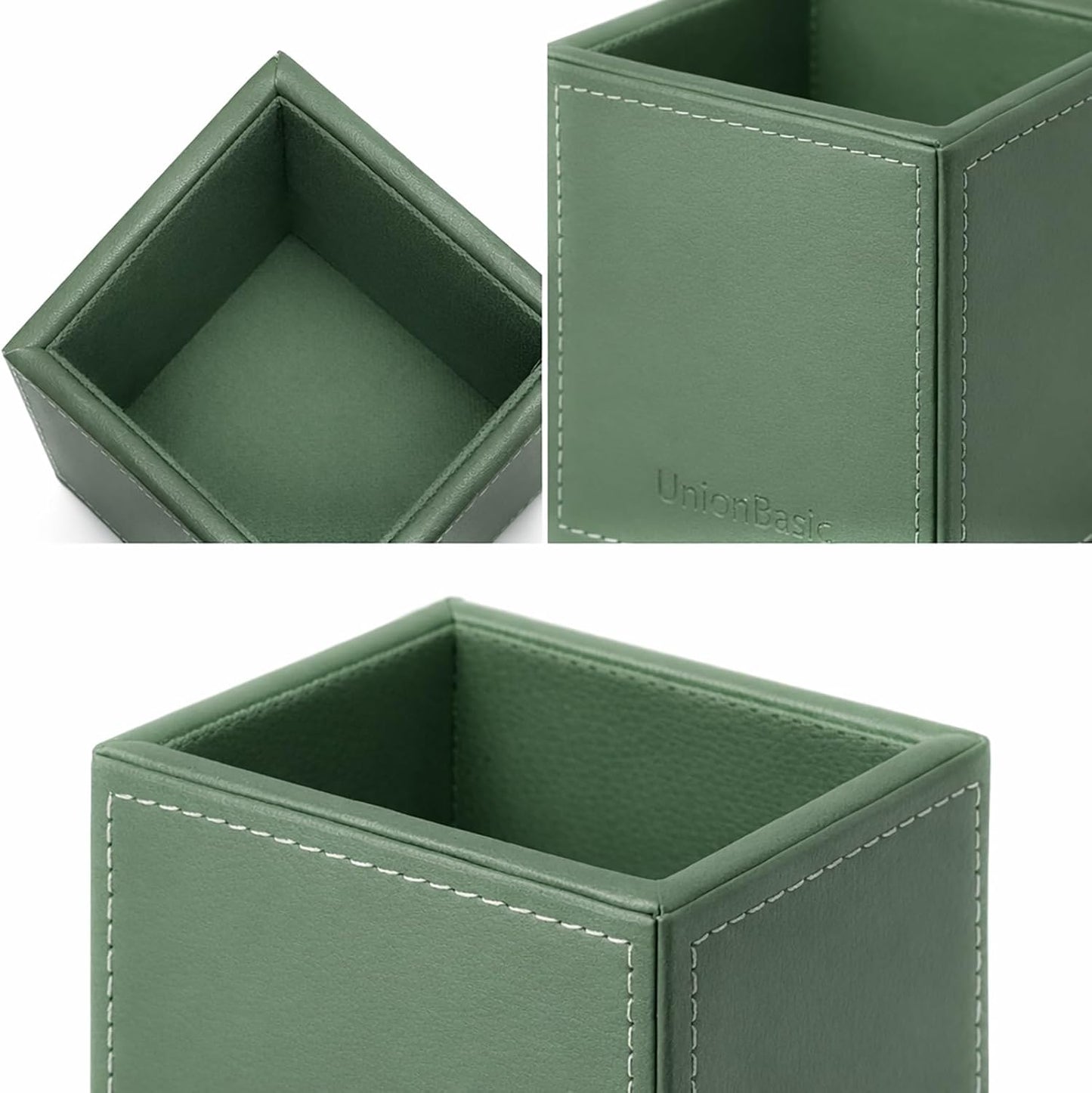 UnionBasic Square Pen Holder, Leather Pencil Cup, Desktop Caddy Stationery Organizer, Beige