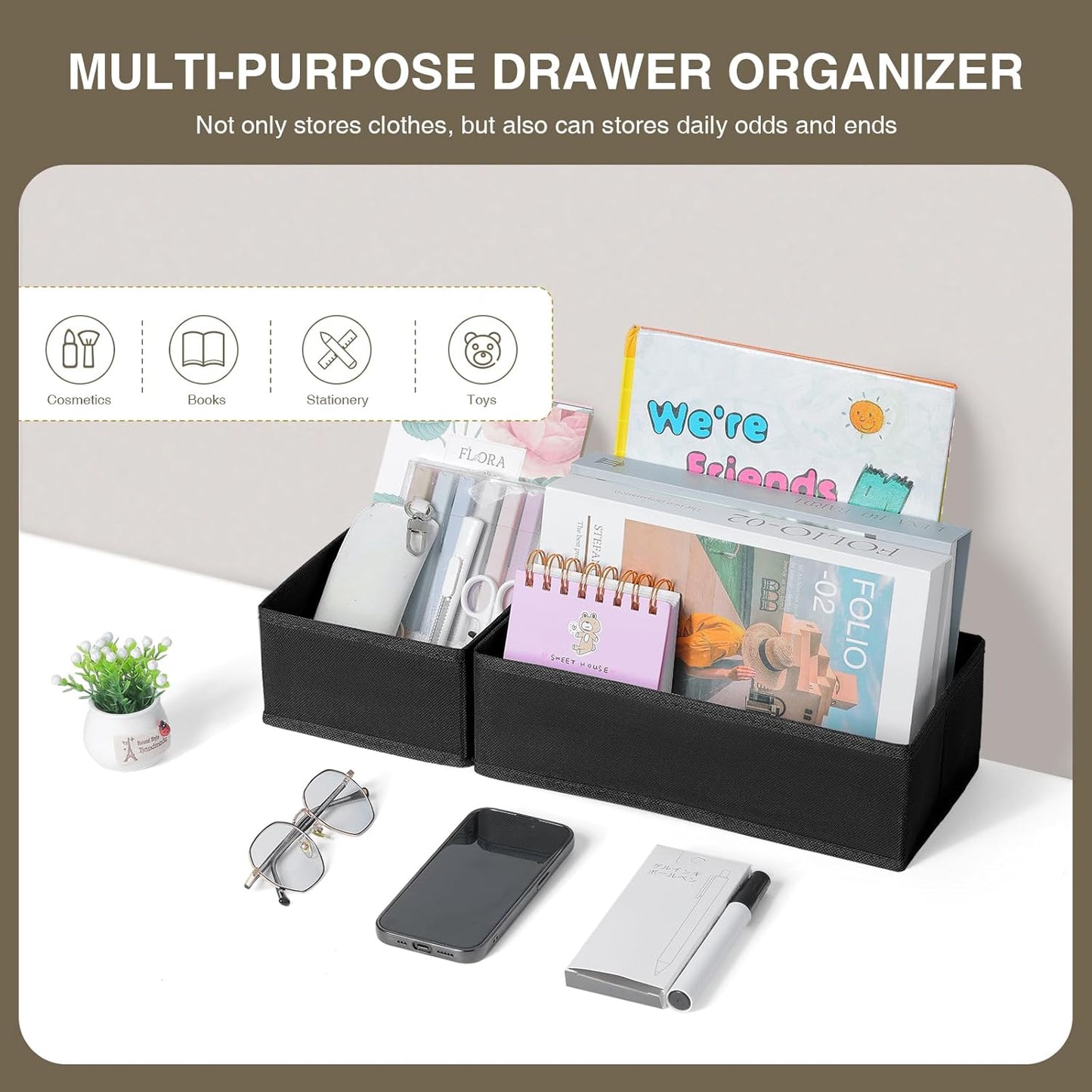 DIMJ Drawer Organizers Clothes, Dresser Organizer Bins for Baby Clothes,Underwear and Sock, Fabric Closet Organization and Storage Boxs, Drawer Dividers for Nursery, Clothing, Tie - 4 Pack, Beige