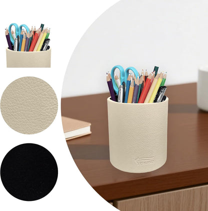 Leather Pen Holder, Brown Pencil Holder, Desktop Elegant Pen Holder for Desk, Stationery Organizer for School Office Home Dorm (3.3" x 3.3" x 4", Brown)