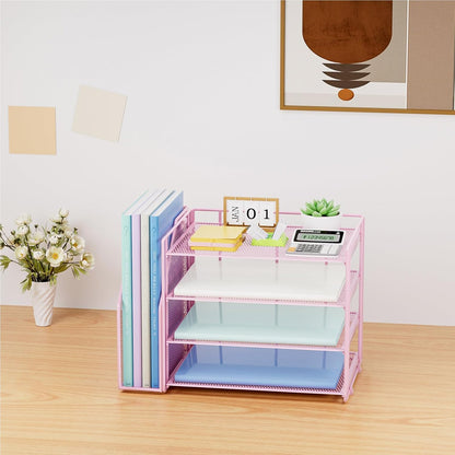Marbrasse Desk Organizer and Accessories，4-Tier Paper Letter Tray Organizer with File Holder，Desk Accessories & Workspace Desktop Organizers for School Home Office Supplies (Blue)