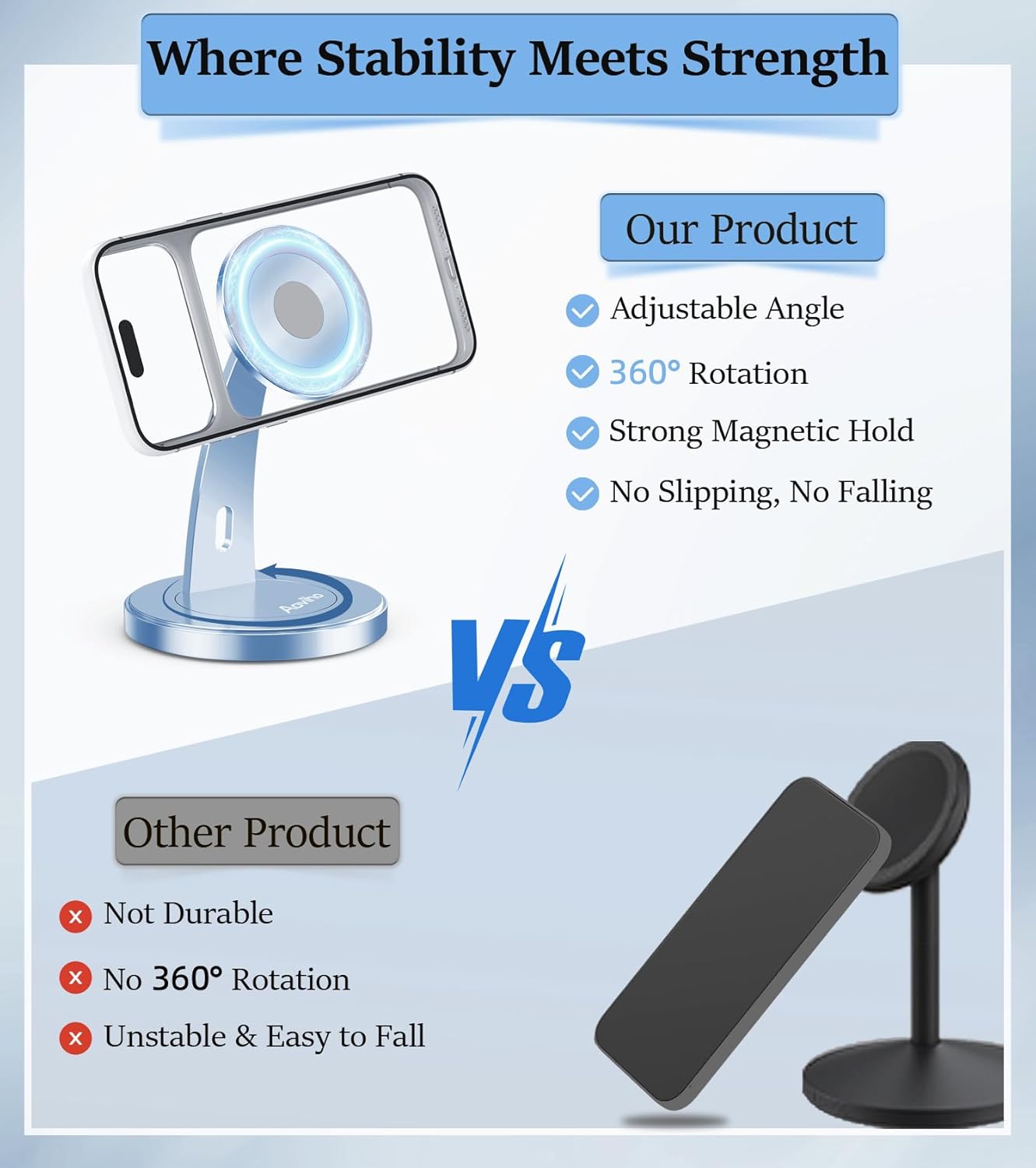 Aoviho Magnetic Phone Stand for Desk – 360° Rotating Aluminum Phone Holder, Stable Desk Stand for Office, Home & Kitchen, Compatible with iPhone 17 Pro Max 16–12 Series and MagSafe Cases, Purple