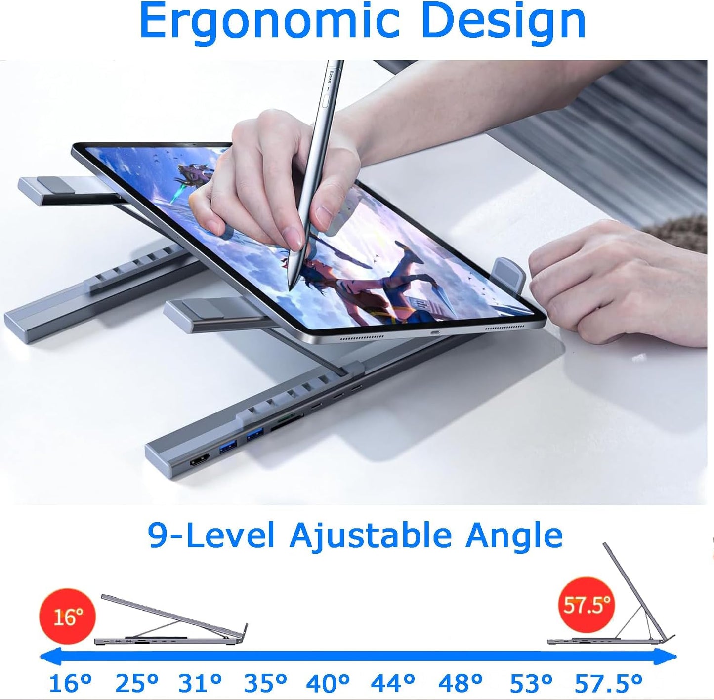 Laptop iPad USB C Docking Station Stand,Aluminum Tablet Holder, 8 in 1 USB C Hub with 4K HDMI, PD 100W, 2 USB 3.0, SD/TF Reader, for MacBook/iPad/Dell/HP/Surface/Lenovo, Plug and Play