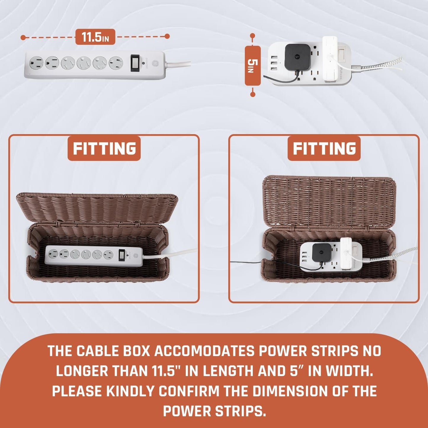 Cable Management Box, Handmade Rattan Cable Organizer with 2 Open Slots, Cord Hider for Power Strip, Router & USB Hub, Registered U.S. Design Patent (D1,112,102), 13" x 5.1" x 5.1", Natural