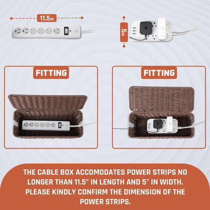 Cable Management Box, Handmade Rattan Cable Organizer with 2 Open Slots, Cord Hider for Power Strip, Router & USB Hub, Registered U.S. Design Patent (D1,112,102), 13" x 5.1" x 5.1", Natural