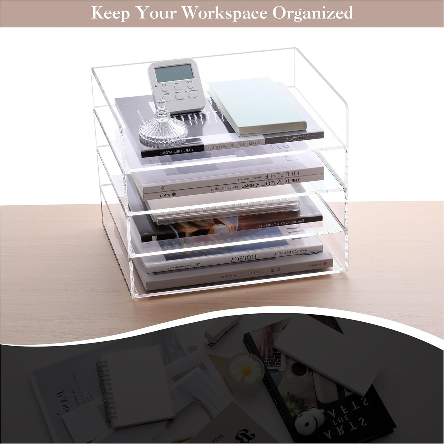 HeZone Paper Organizer, 2 Tier Stackable A4 Size Acrylic Letter Tray, Office/Home/School Organization - Clear