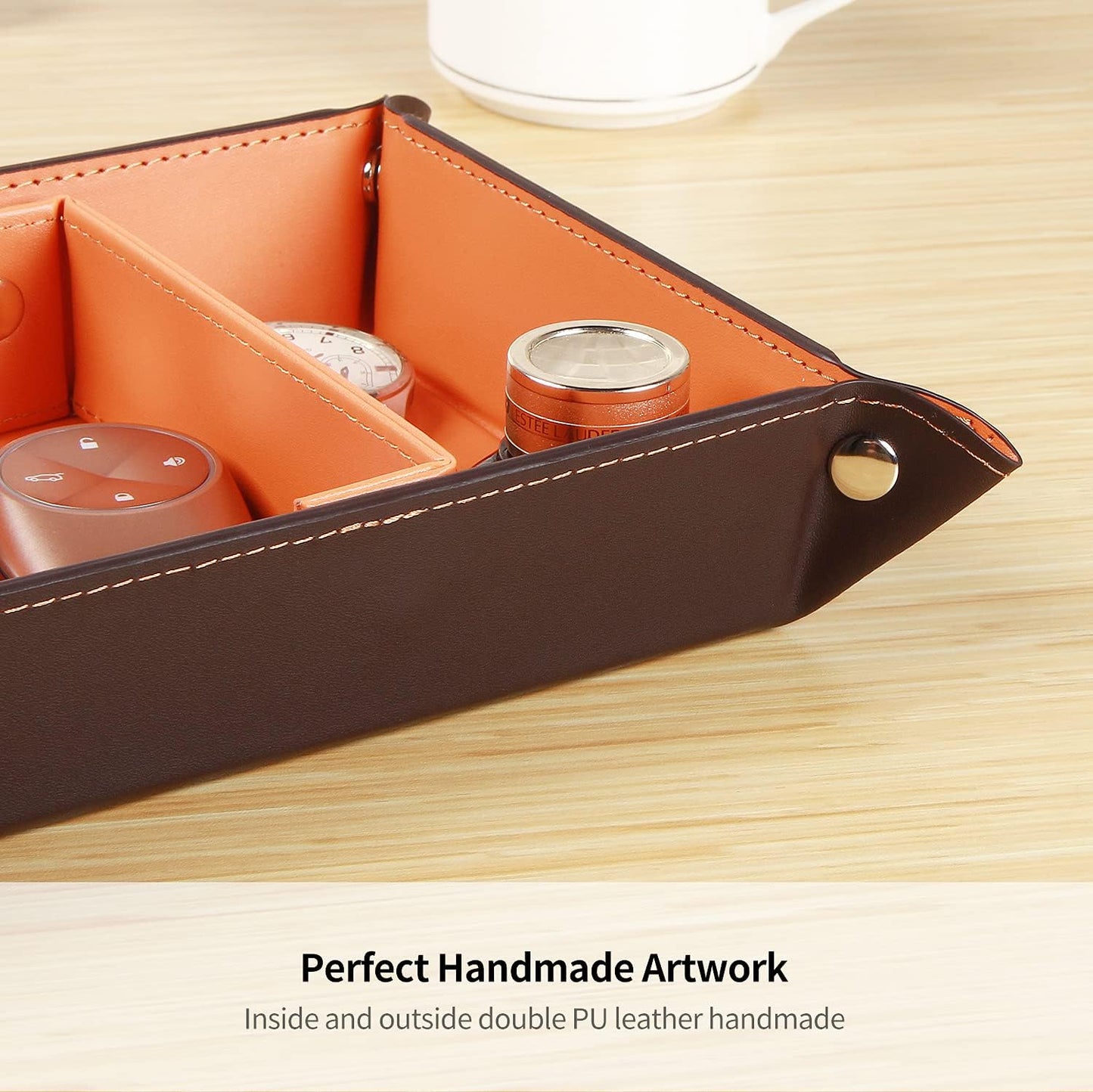 YAPISHI Key Dish Bowl for Men, Entryway Catchall Holder Bedside Table Valet Tray for Pocket Stuff, PU Leather Nightstand Organizer for Dice/Coins/Wallet/Watch/Rings/Sunglasses, Dresser/Coffee Table