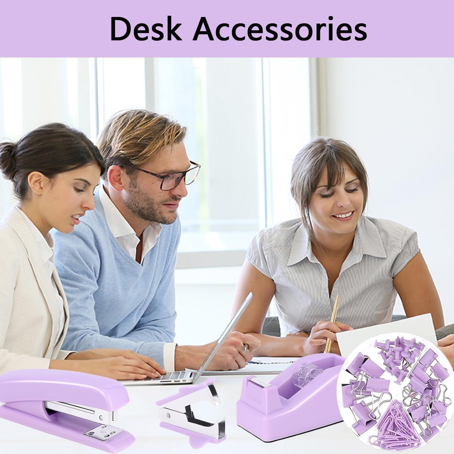 suniya Office Supplies,Gold Desk Accessories,with Stapler,Tape Dispenser,Pen Holder,Scissors,Phone Stand,Staple Remover,Ballpoint Pen,Clear Tape, Staples,Ruler,Clips,Best Gift for Business or Boss