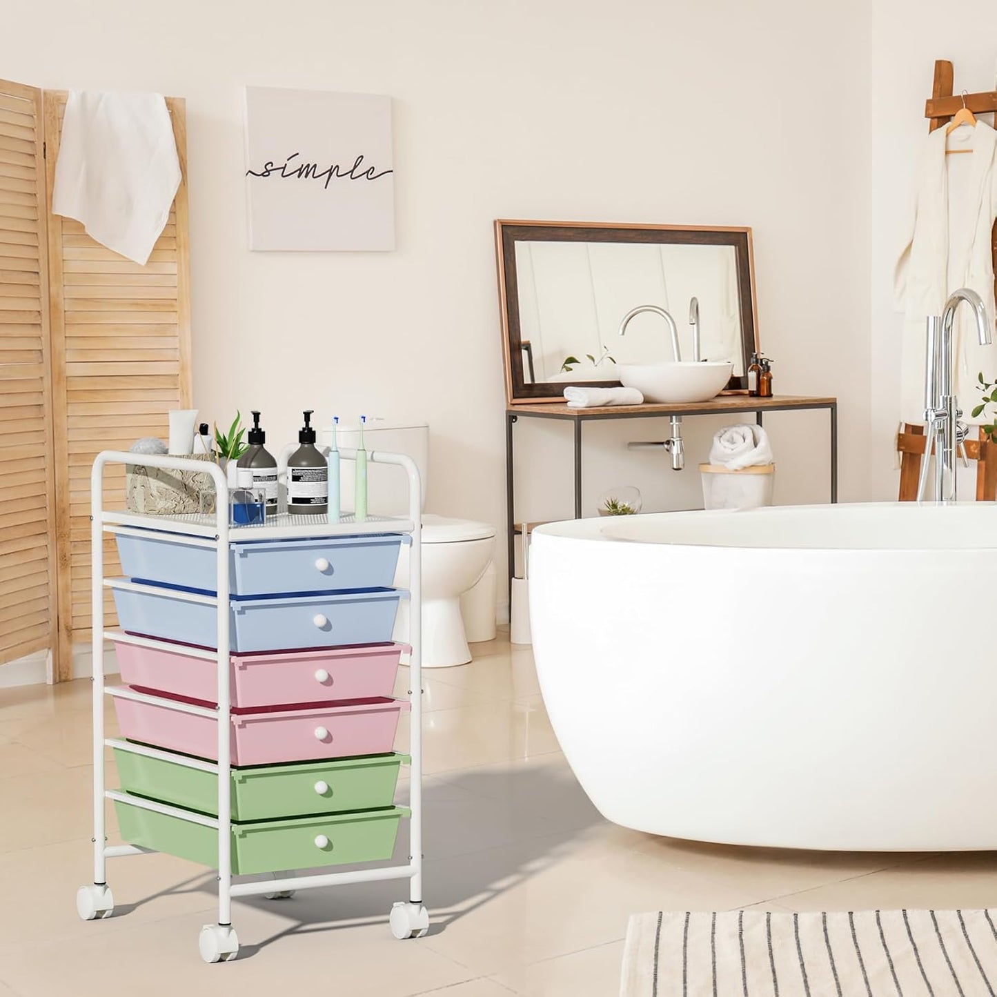 4-Tier Utility Cart with 4 Drawers, Rolling Utility Cart with 2 Lockable Caster Wheels, Multipurpose Mobile Rolling Drawer Cart for Office Bathroom Kitchen, Ivory White