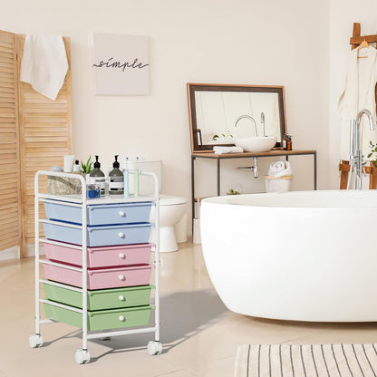 4-Tier Utility Cart with 4 Drawers, Rolling Utility Cart with 2 Lockable Caster Wheels, Multipurpose Mobile Rolling Drawer Cart for Office Bathroom Kitchen, Ivory White