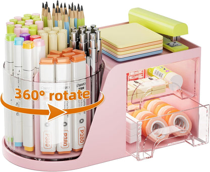 Marbrasse Desk Organizer with 2 Drawer, 360°Rotating Pen Holder, Desk Organizers and Accessories with 6 Slots Pencil Organizer + 2 Drawer, Art Supply Storage Box Caddy for Office (White)