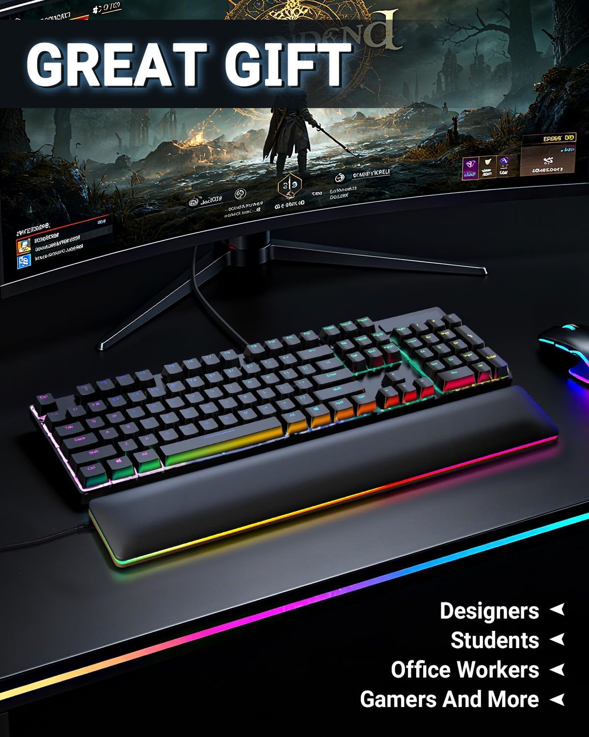 PU Leather Keyboard Wrist Rest, Ergonomic Memory Foam Wrist Support for Pain Relief, Waterproof & Easy to Clean Hand Rest Pad for Office, Gaming & Mechanical Keyboards (Classic Black)