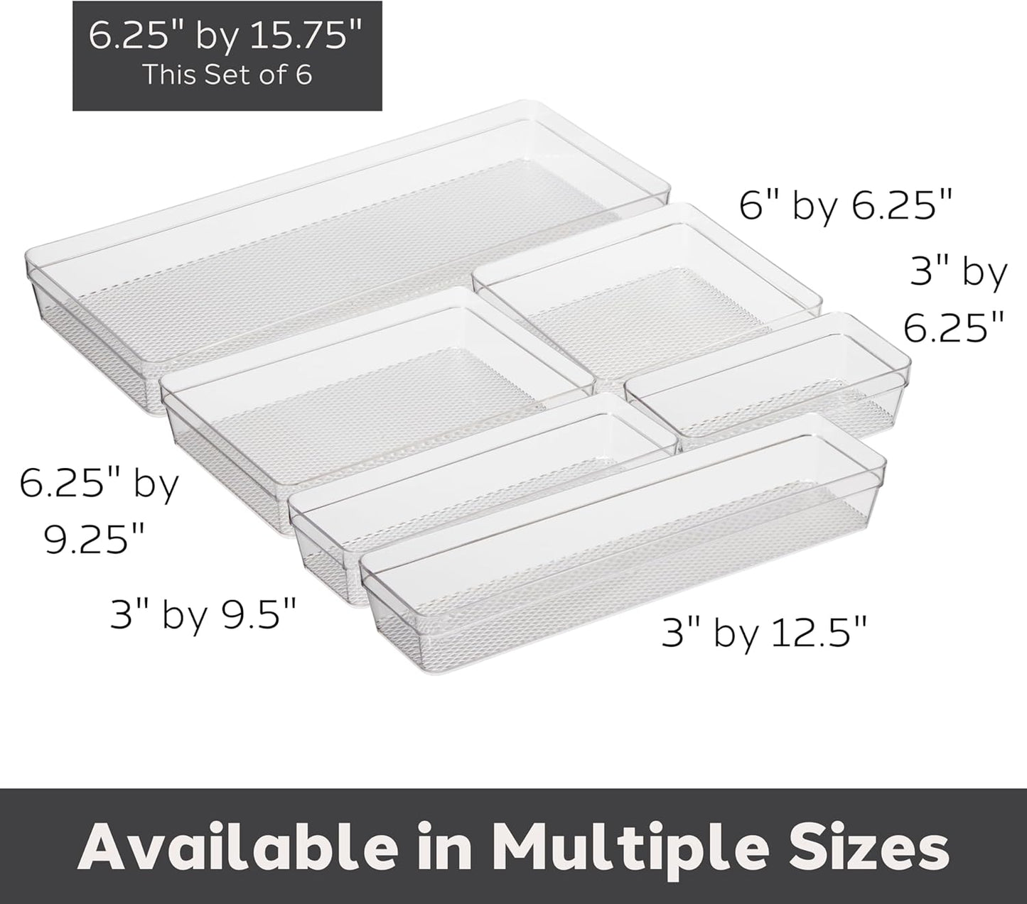 Oggi Clear Drawer Organizer - 3" X 9.5" (Set of 6) - Ideal for Organizing Kitchen Drawers, Office, Desk, Silverware, Kitchen Utensils, Cosmetics and Bathrooms