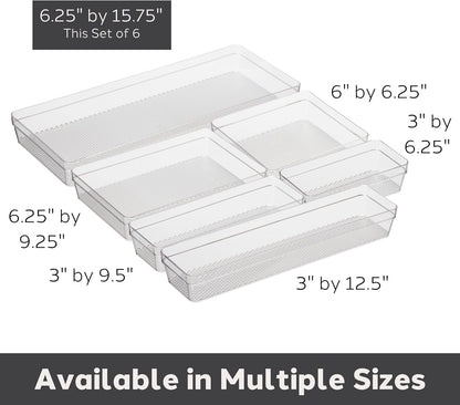 Oggi Clear Drawer Organizer - 3" X 9.5" (Set of 6) - Ideal for Organizing Kitchen Drawers, Office, Desk, Silverware, Kitchen Utensils, Cosmetics and Bathrooms