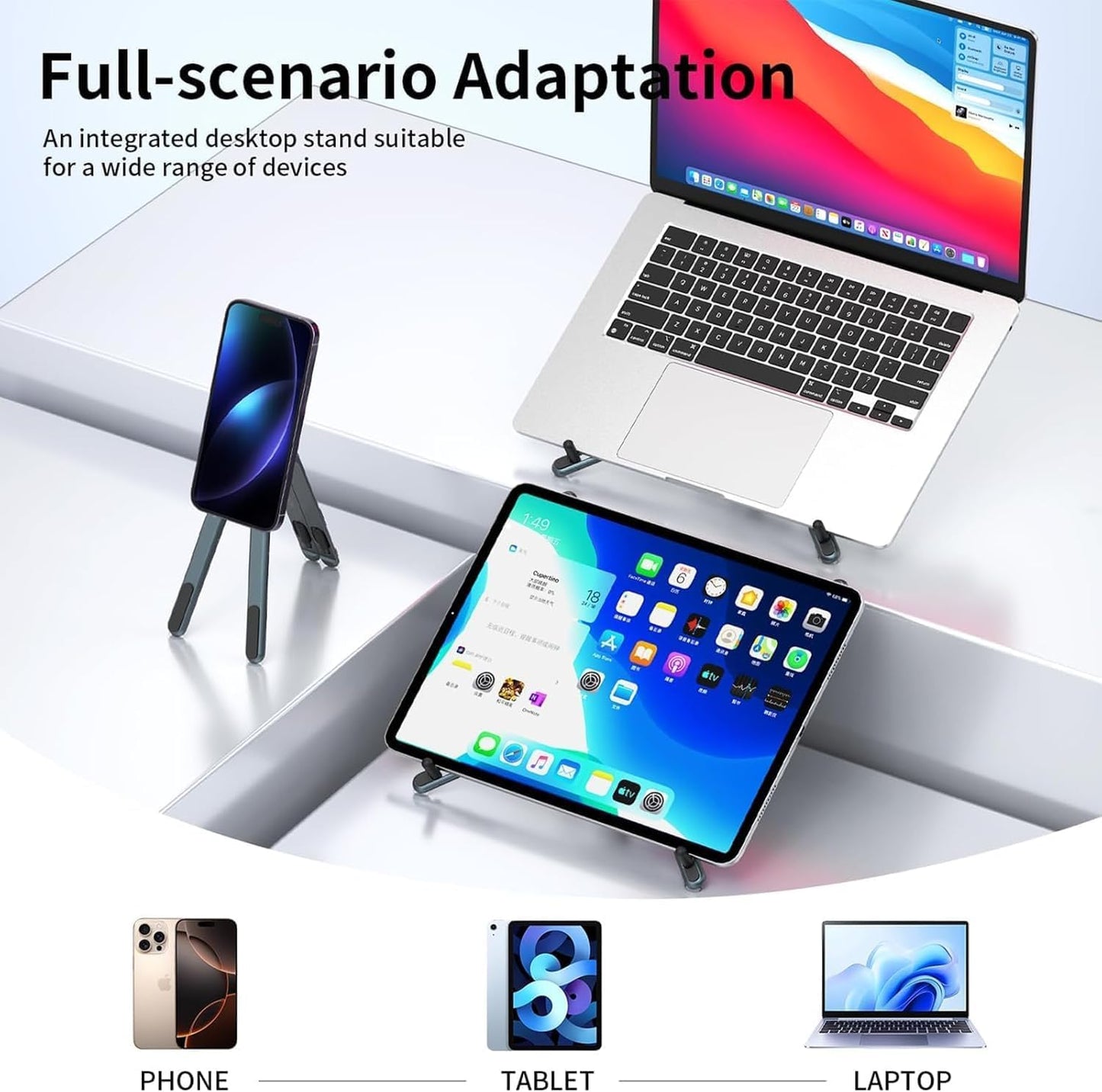 Laptop Stand for Desk, Adjustable Aluminum Alloy Magnetic Foldable Phone Stand, 8 Level Height Adjustable Laptop Stand, 3 in 1 Computer Riser for Phone, Tablet and Laptop