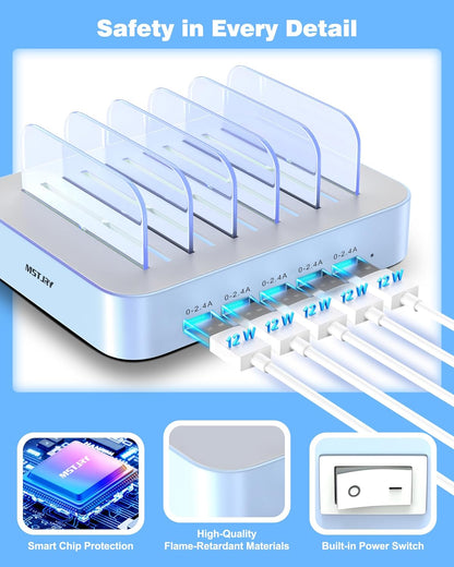 MSTJRY Charging Station for Multiple Devices : 5 Port Multi USB-A Charger Stations Multi-Device Organizer Charging Dock Designed for iPhone iPad Cell Phone Tablets (7 Short Cables Included)
