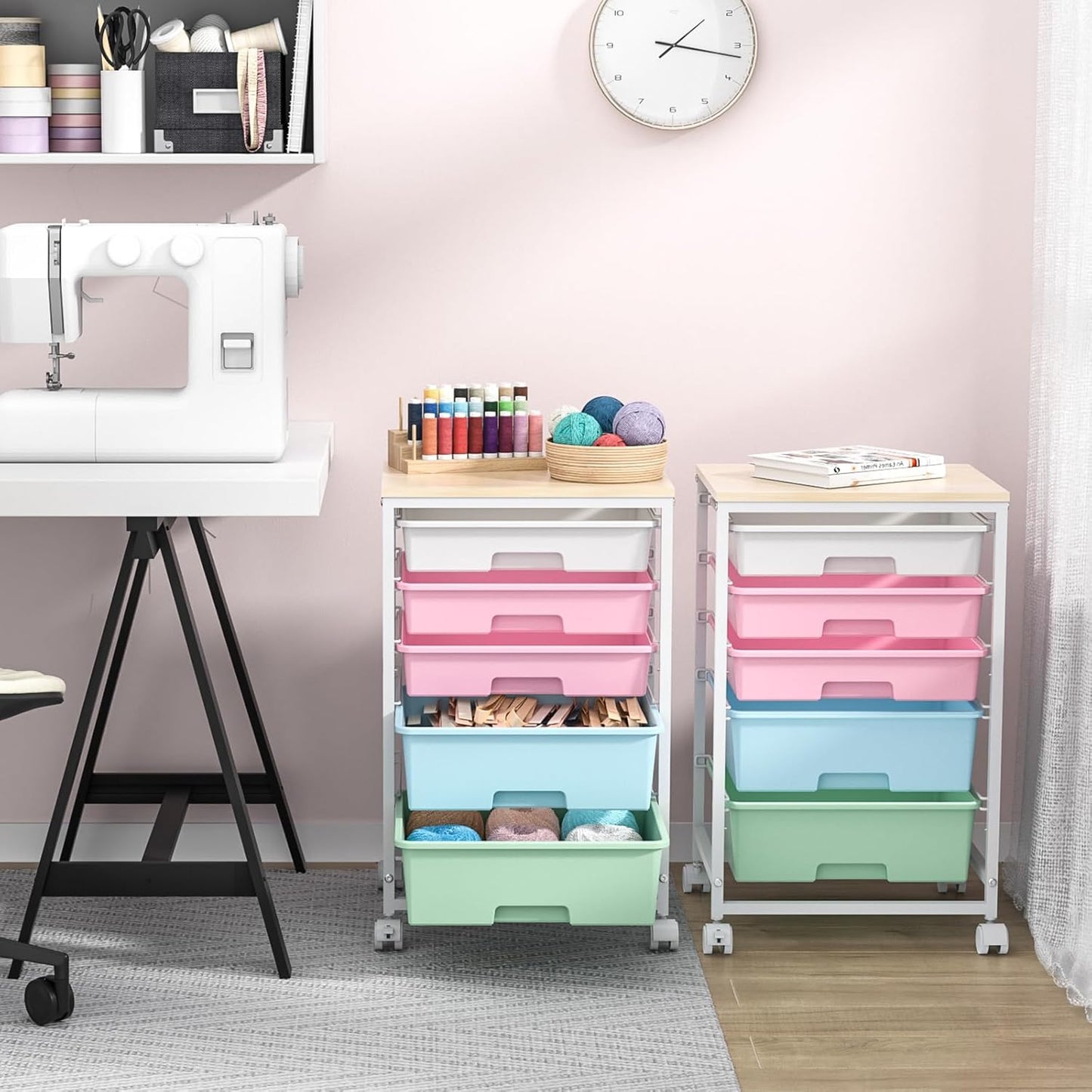 SYKIARIOL Utility Cart with 5 Drawers,Storage Cart with Wooden Tabletop and Lockable Wheels,Craft Storage Trolley Organizer,5-Tier Rolling Utility on Wheels,Light Green