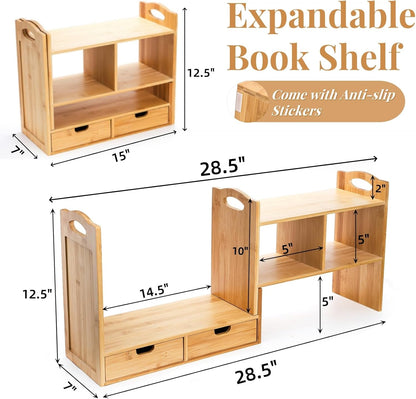 Eorbow Bamboo Desktop Bookshelf, Expandable Counter Bookcase, Storage Shelves Rack Organizer with Anti-Slip Pads, Cute Small Desk Display Cubby Top for Office Supplies, No Assembly Needed