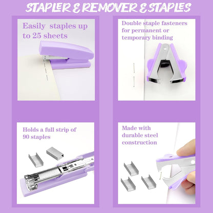 Purple Desk Accessories, 17Pcs Purple Office Supplies Set with Stapler, Mesh Desk Organizer, Tape Dispenser, Staple Remover, Pen Holder, Clips, Pens, Ruler, for Office Home School Women Students Gift