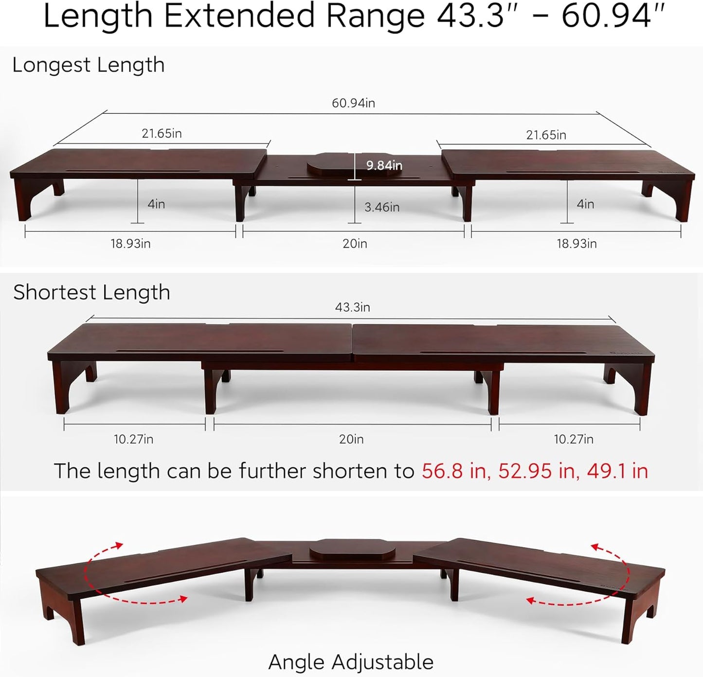 Nnewvante Monitor Stand Riser, 60 inch Large Bamboo Dual Monitor Stand for Desk, 3 Shelves Desktop Screen Riser with Adjustable Length Angle for Computer Laptop PC