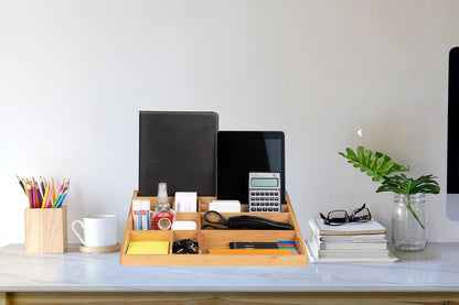 Theodore Bamboo Desktop Organizer – 10‑Compartment Natural Wood Storage Tray for Office, Home, Kitchen & Vanity – No Assembly, Water‑Resistant, Eco‑Friendly