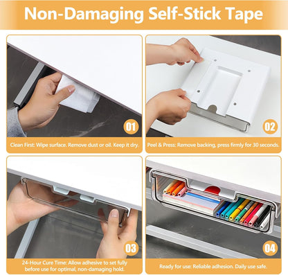 Under Desk Storage Drawers Self-Adhesive Easy Hidden Desktop Organizer, Attachable Clear Acrylic Storage Tray Under Table Drawer for Home Office School Counters Workstation, 2 Pack