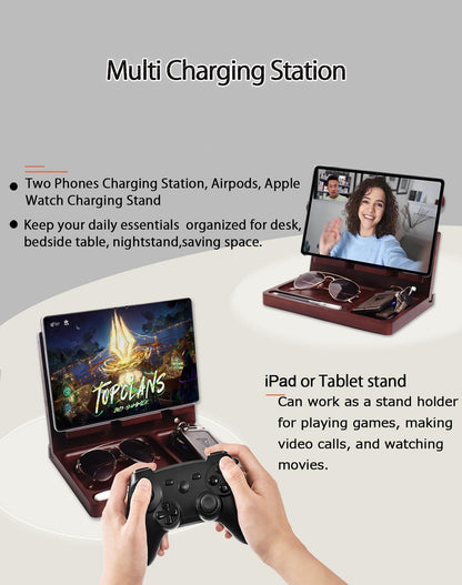 Nightstand Organizer with 4 Wireless Charger for 2 iPhone/Android Phone,Apple Watch,Airpod,Wood Phone Docking Station,27W Fast Wireless Charging Station,Wallet/Key Holder,Gifts for Dad/Men