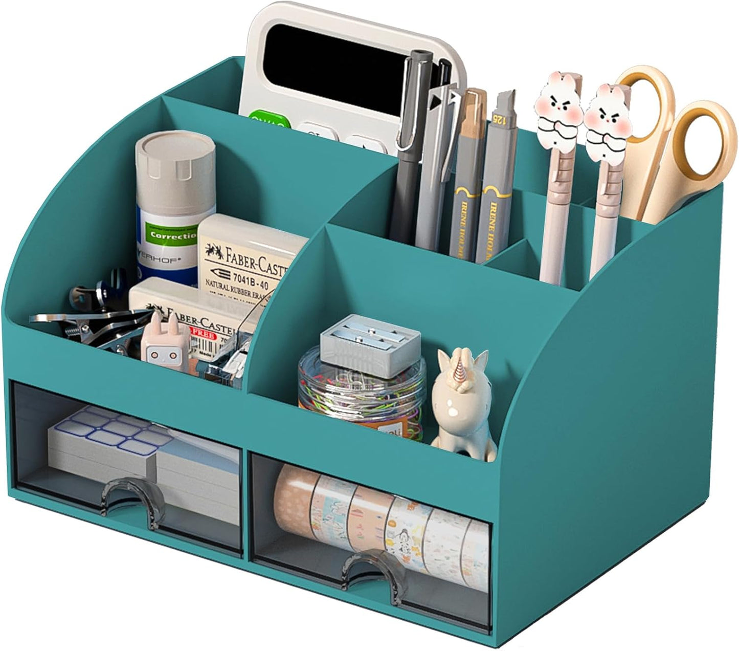 COMFYROOM Desk Organizer with 6 Compartments and 2 Drawers, Plastic Makeup Organizer, Pen Holder for Desktop Storage, Desk Organization for School, Home, Office Supplies (White)