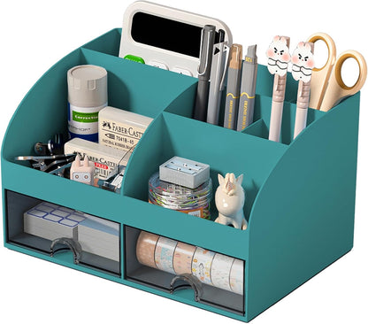 COMFYROOM Desk Organizer with 6 Compartments and 2 Drawers, Plastic Makeup Organizer, Pen Holder for Desktop Storage, Desk Organization for School, Home, Office Supplies (White)