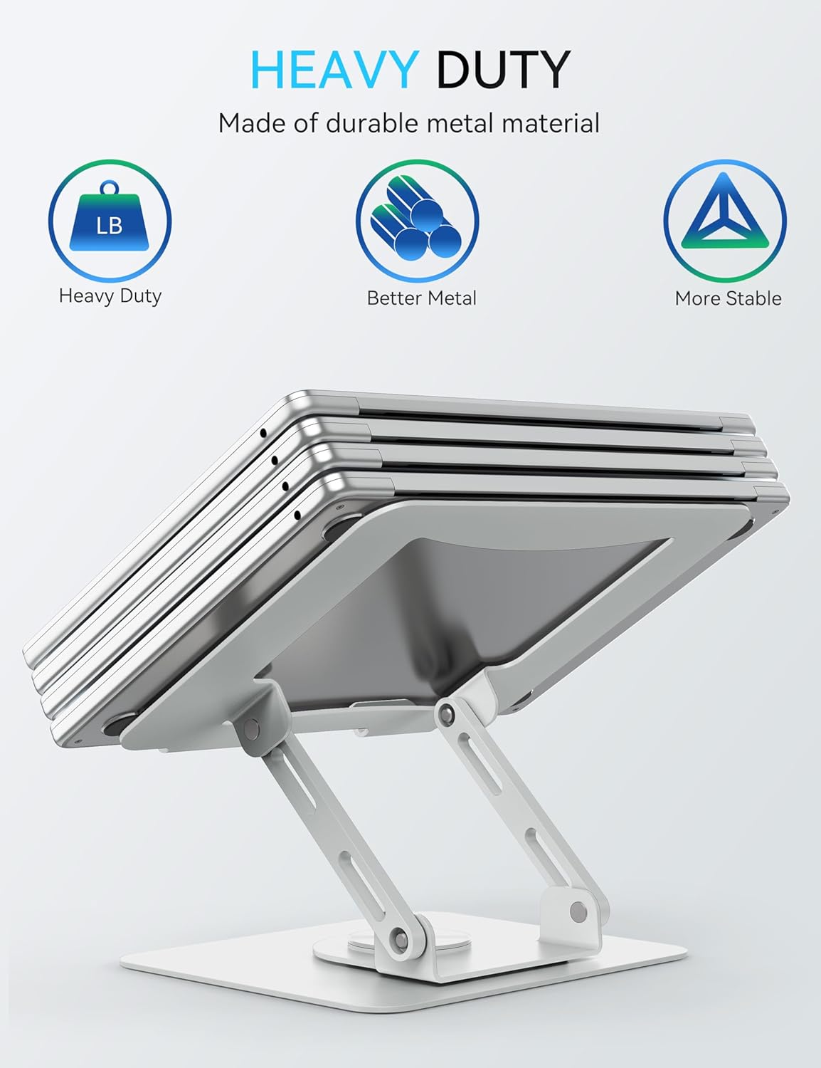 SOUNDANCE 360 Rotating Laptop Stand, Ergonomic Computer Riser for Desk, Adjustable Height Multi-Angle Metal Holder, Foldable Portable Notebook Elevating Base for Office & Home, Silver Grey