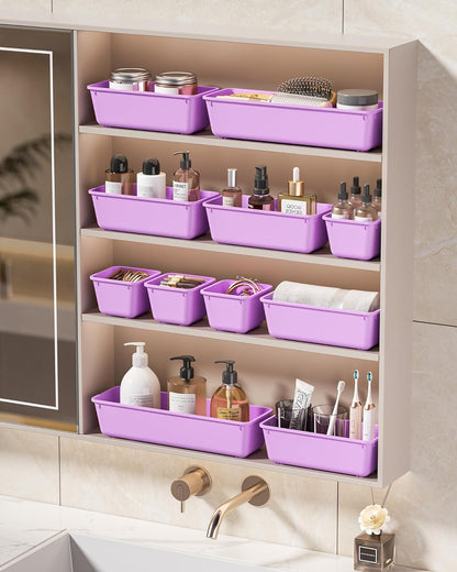 KEMETHY 25 PCS Plastic Drawer Organizers Set, 4 Sizes Vanity Organizer, Makeup and Desk Drawer Organizer Trays, Organization and Storage for Makeup, Bathroom, Kitchen Utensils and Office (Black)