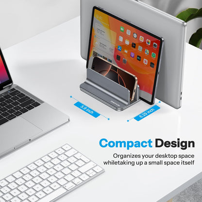 OMOTON Vertical Laptop Stand [Updated 3-Slots Version], Desktop Aluminum Mac Book Stand with Adjustable Dock Size, Fits All Mac Book, Chrome Book and Gaming Laptops (Up to 17.3 inch), Starlight