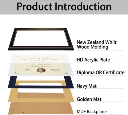 ELSKER&HOME Diploma Frame - Wide Solid Wood Frame - Black Velvet Golden Rim Mat - Semi-Tempered Glass - Includes Hanging Hardware and Desktop Easel(ONLY Display 11×14 Document/Certificate)