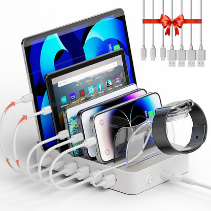Unitek Fast Charging Station for Multiple Devices, 60W 6 Ports Charging Dock with QC 3.0, USB Charging Station Organizer with 7 Short Charging Cables for Phones, Tablets, and Other Electronics