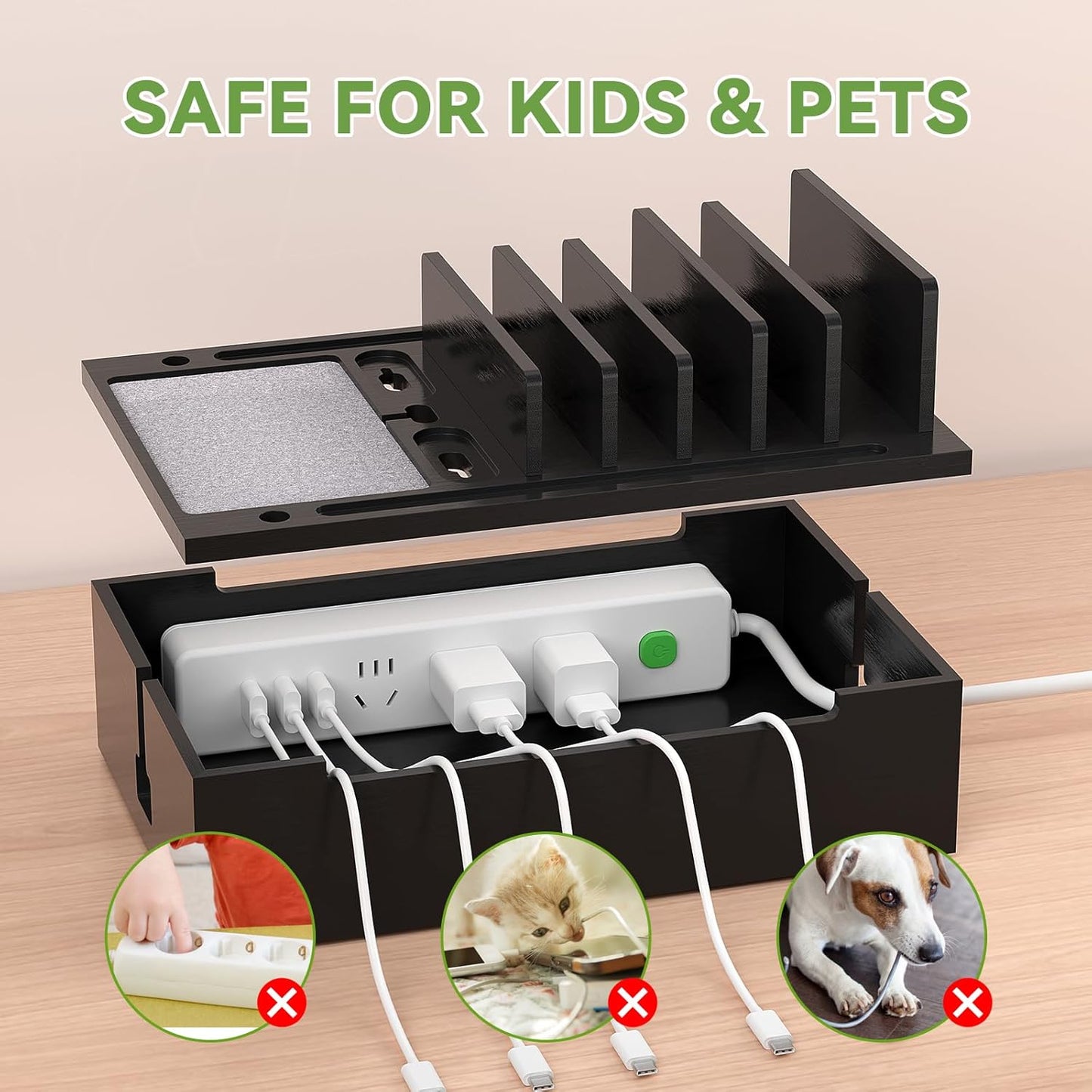 Pezin & Hulin Bamboo Charging Station for Multiple Devices, USB Charger Dock Organizer, with Power Supply (10 Ports HUB), 6 Cables, Cable Management Organizer for Cell Phones, Tablets -Natural+White