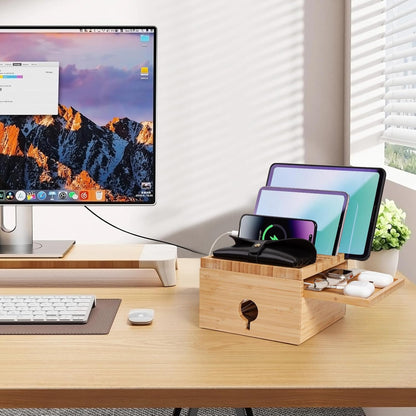 Bamboo Charging Station for Multiple Devices, Nightstand Docking Station with Small Tray, Desktop Wood Charger Organizer, Compatible with Cell Phone, Tablet, Earphones (No USB Charger and Cables)