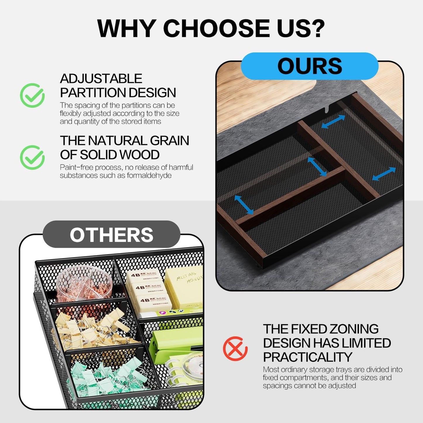 Desk Drawer Organizer Tray With Removable Magnetic Wooden Strip,Freely Adjustable Space,Made of Aluminum and Walnut,Valet Tray for Mens,Desk Accessories for Office/Home/Nightstand